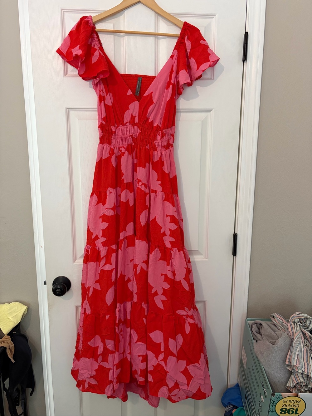 Anthropologie The Silverlake Flutter Sleeve Maxi Dress in Red & Pink Floral - M